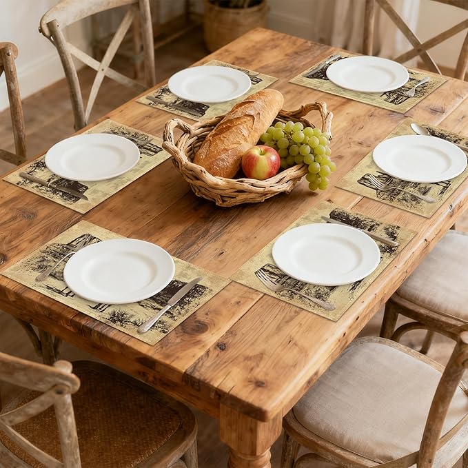 Vintage Western Cowboy 12x18 Inch Placemats Set of 6 - Waterproof, Non-Slip & Washable Table Mats for Kitchen & Dining Table Placemats