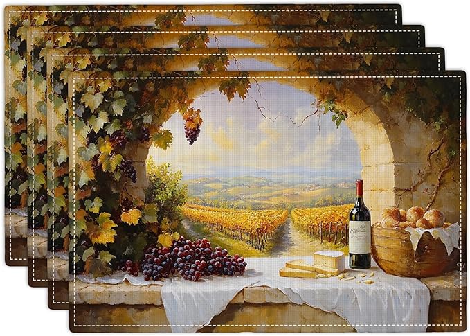 Wine Placemats Set of 4, French Country Grape Place Mats, Grapes Waterproof Washable Table Mats for Home Party Indoor Kitchen Dining Table Decoration 12x18 Inch