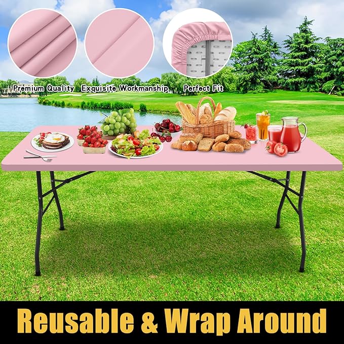 Smiry Rectangle Picnic Table Cloth, Waterproof Elastic Fitted Tablecloths for 4 Foot Tables, Washable Polyester Table Cover for Camping, Valentine's Day and Outdoor (Pink, 30"x48")