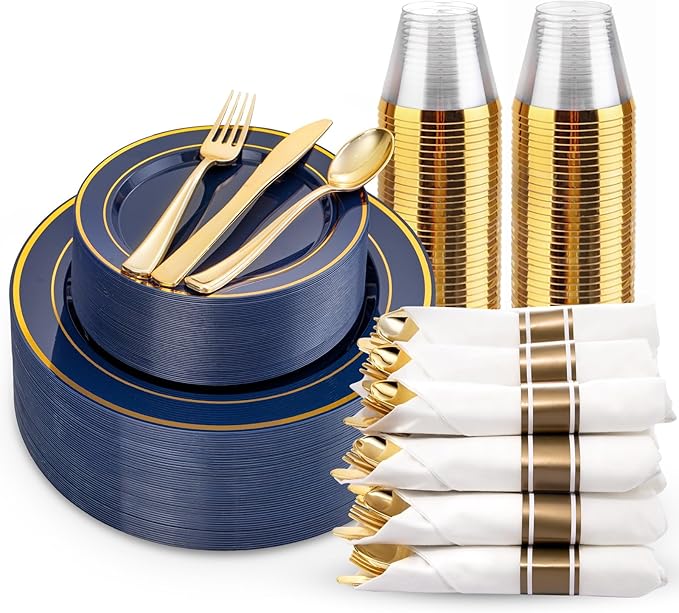 175PCS Blue and Gold Plastic Plates - Navy Blue Plates with Pre Rolled Napkins for Party - 25Guest Disposable Dinnerware Sets for Party/Birthday/Wedding