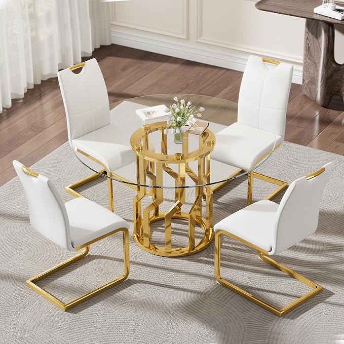 47.2" Round Glass Dining Table Set for 4, Modern 5 Piece Kitchen Table Set with Gold Stainless Steel Base & 4 PU Leather Accent Chairs, Saving Space, Dining Set for Apartment, Home - White Chair