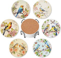 6 Pcs Drink Coasters with Holder,Vintage Watercolor Bird Flower Absorbent Round Ceramic Coaster for Tabletop Protection,for Coffee Cup Beverage Coasters Wine Beer Bar