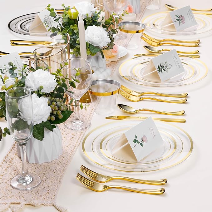 BESTSTAR 100PCS Clear Plastic Plates for Party, 10.25 Inch Disposable Plates with Gold Rim, Heavy Duty Dinner Plates for Christmas, Wedding and Birthday