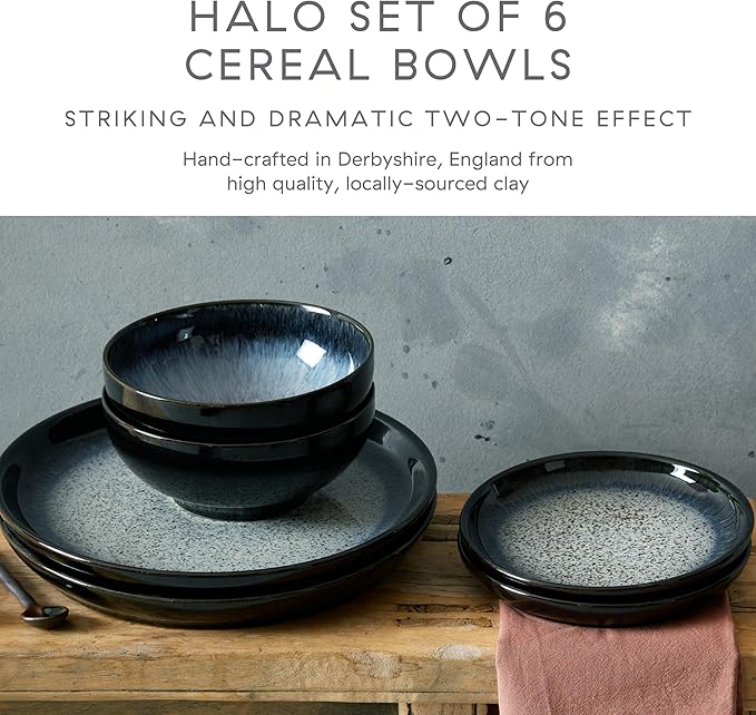 Denby - Halo Coupe Cereal Bowls Set of 6-27 Ounce Reactive Glaze, Dishwasher Microwave Safe - Scratch Chip Resistant - Grey, Black Ceramic Stoneware Soup Bowls Tableware