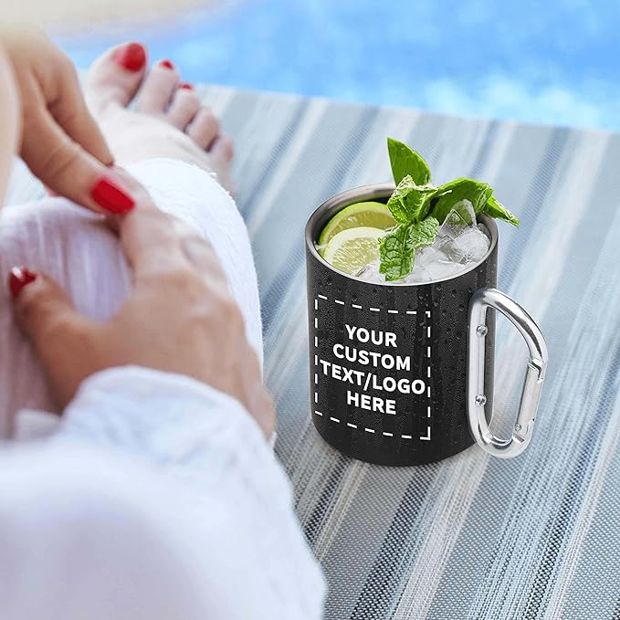 Custom Stainless Steel Mugs with Carabiner Handle 10 oz. Set of 10, Personalized Bulk Pack - Perfect for Coffee, Soda, Other Hot & Cold Beverages - Black