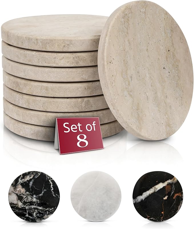 Gusto Nostro Neutral Travertine Coasters - Absorbent Stone Coasters Set of 8 - High-end, Natural Limestone Coaster for Drinks - Anti-Slip Felt Backing Travertine Coaster for Countertop, Coffee Table