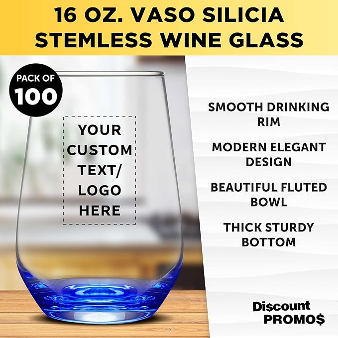 DISCOUNT PROMOS 100 Vaso Silicia Stemless Wine Glasses Set, 16 oz. - Personalized Text, Logo - Clear, Orb-Like, Thick base - Blue