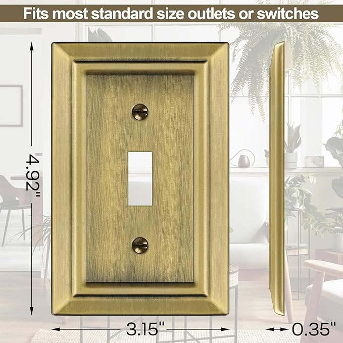 Metal Wall Plate for Electrical Outlets, Decorative Antique Brass Switch Plates Outlet Cover, Light Switch Cover Plate, 1-Gang Wall Plates (Single Toggle, 6 Pack)