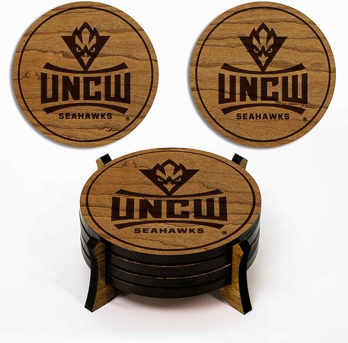 LazerEdge UNC Wilmington Seahawks Wooden Coaster Set - Cherry Wood - Officially Licensed Product - 4-Pack