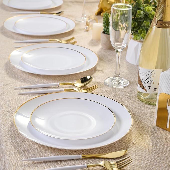 FOCUSLINE 100 Count Gold Plastic Plates 7 Inch, Disposable Heavy Duty Salad Dessert Plates, Premium Hard Plastic Plate Disposable with Gold Rim for Wedding Parties