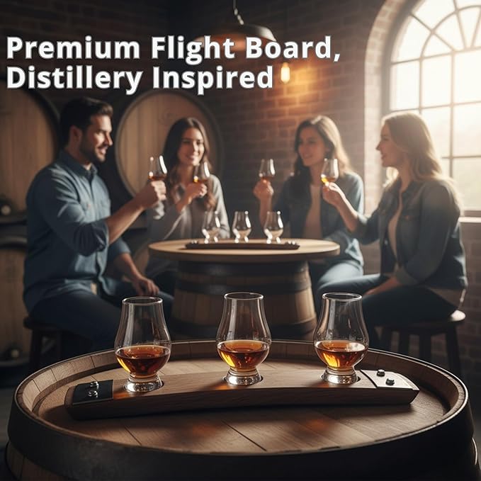Barrel Stave Premium 3 Glass Whiskey Flight Serving Tray with Glencairn Glasses, Dark Walnut