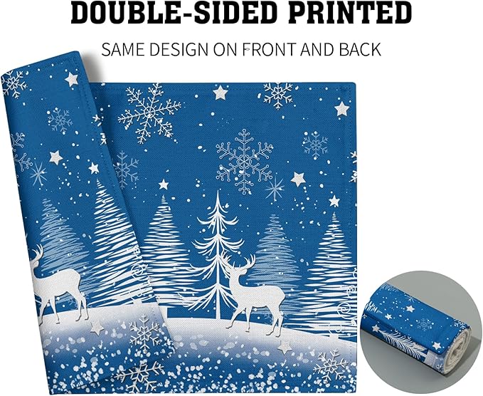 Xmas Placemats Set of 4 - Winter Navy Blue Place Mats 12x18 Table Mats White Forest Snowflake Reindeer Kitchen Mats for Party Dining Table