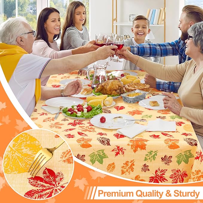 Smiry Fall Rectangle Table Cloth, Waterproof Vinyl Tablecloth with Flannel Backing, Wipeable Autumn Leaves Plastic Tablecloths for Harvest and Thanksgiving Parties, (60"x84", Rust & Yellow)