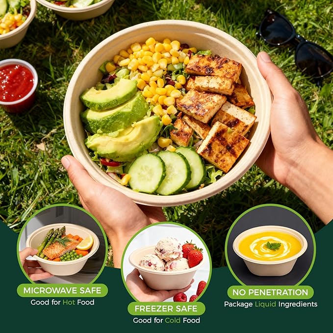 Heavy Duty 48 OZ [50 Pack] Disposable Bowls - 100% Sugarcane Fiber, Microwave Safe - Large Compostable Paper Bowls for Soup, Salad, Ramen, Popcorn