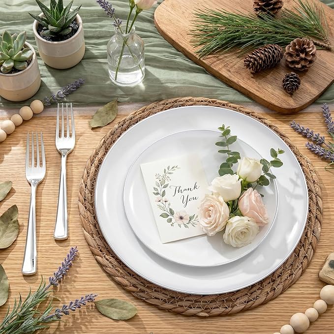 KIRE 200PCS Silver Plastic Plates - White Plastic Plates with Silver Rim Include 100 Dinner Plate and 100 for Dessert/Salad Plate for Birthday/Wedding/Party for Christmas