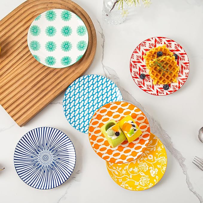 Ceramic Dessert Plates Set - Mini 6 Inch Appetizer Plates for Kitchen - Small Salad Plates for Cake Snacks, Side Dishes - Microwave Dishwasher Safe - Wedding Housewarming Gift - Assorted Colors