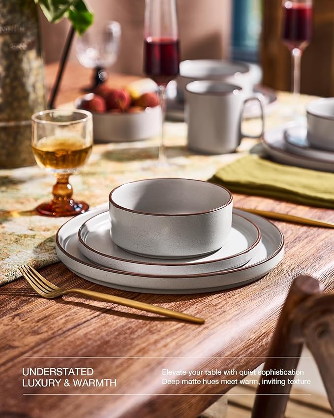 Famiware Nebula Ridge Stoneware Dinnerware Sets for 6, Plates and Bowls Sets, 18 Pieces Dishes Set, Microwave and Dishwasher Safe Kitchen Plates, Light Gray