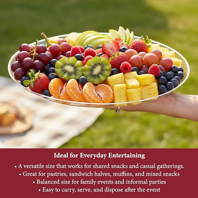 Smarty Had A Party 14 Inch Clear Round Plastic Serving Tray – Elegant Party Platters & Plastic Serving Trays for Catering, Weddings & Buffets, Heavy-Duty Disposable Serving Platters – Set of 25