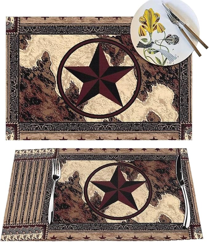 Western Texas Star Placemats Set of 6 Rustic Vintage Country Brown Wood Wipeable Table Mats Reusable Washable PVC Rectangle Place Mats for Kitchen Dining Home Decor 12x18 Inches