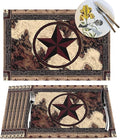 Western Texas Star Placemats Set of 6 Rustic Vintage Country Brown Wood Wipeable Table Mats Reusable Washable PVC Rectangle Place Mats for Kitchen Dining Home Decor 12x18 Inches