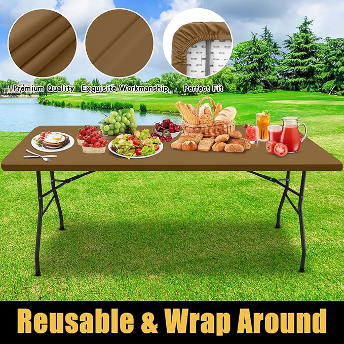 Smiry Rectangle Picnic Table Cloth, Waterproof Elastic Fitted Tablecloths for 6 Foot Tables, Washable Polyester Table Cover for Camping, Indoor and Outdoor (Brown, 30"x72")