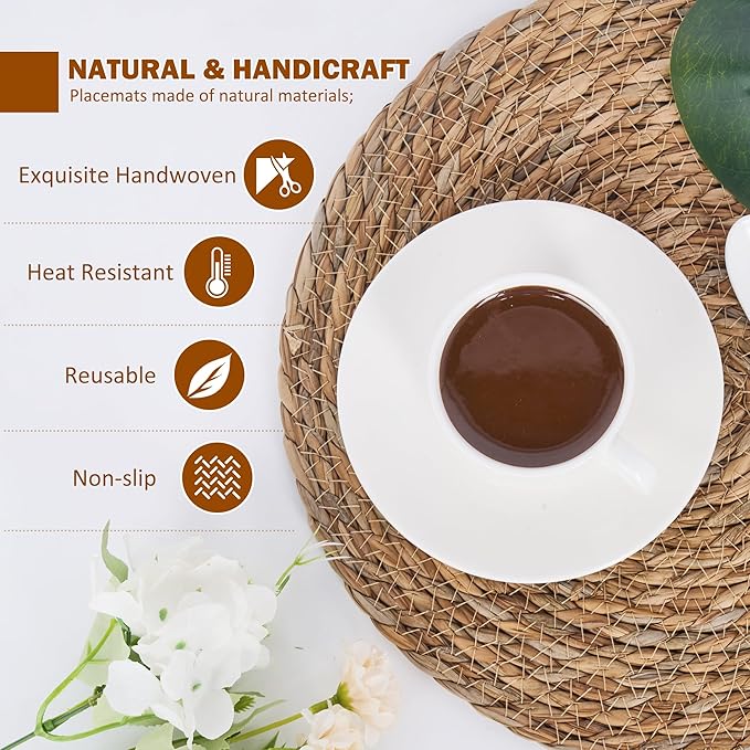 GENMOUS Woven Placemats Set of 12, 13" Round Placemats Natural Water Hyacinth Boho Placemats,Farmhouse Rattan Chargers for Dinner Plates,Rustic Braided Wicker Table Mats for Dining Table,Home,Wedding