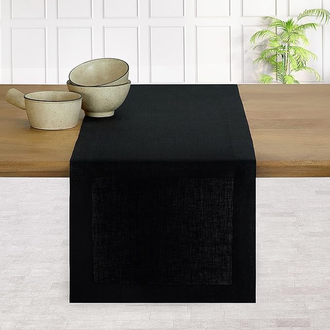 D'Moksha Homes Linen Black Table Runner 120 Inches Long - 100% Pure Linen Dining Table Runner 14 x 120 Inch for Spring, Easter - Machine Washable
