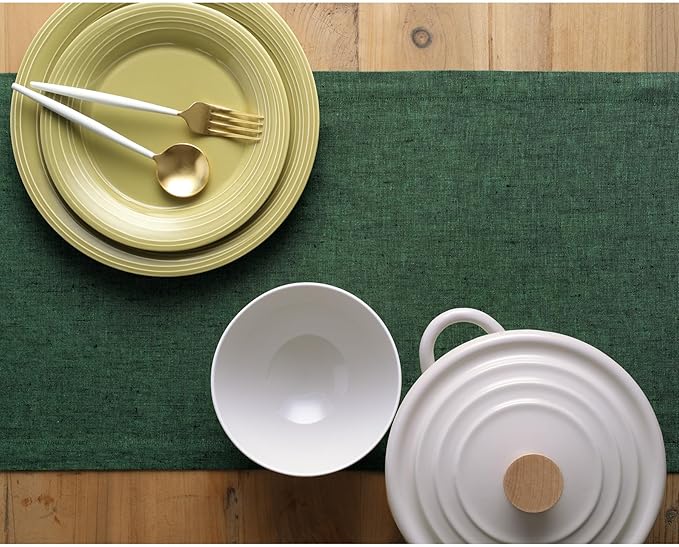 Solino Home Linen Table Runner 72 Inches Long - Athena, 100% Pure Linen Forest Green Dining Table Runner 14 x 72 Inch for Winter, Easter, St Patricks Day - Handcrafted and Machine Washable