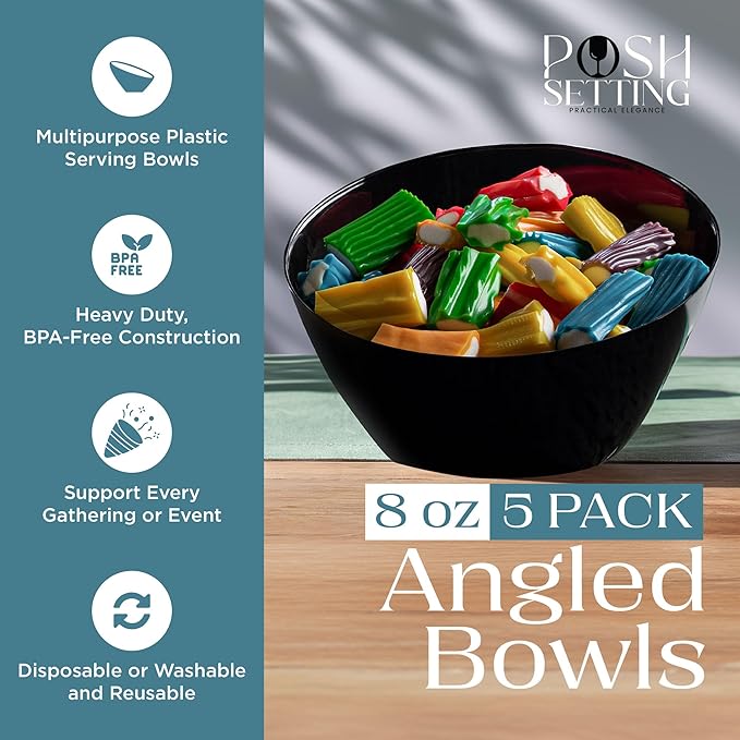 Posh Setting Black Plastic Serving Bowls Disposable - Angled Bowls - Angled Candy Bowl - Plastic Snacks & Chip Bowls for Parties - Black, Gold & Clear, White Serving Dishes, 8 OZ, 5 Pack