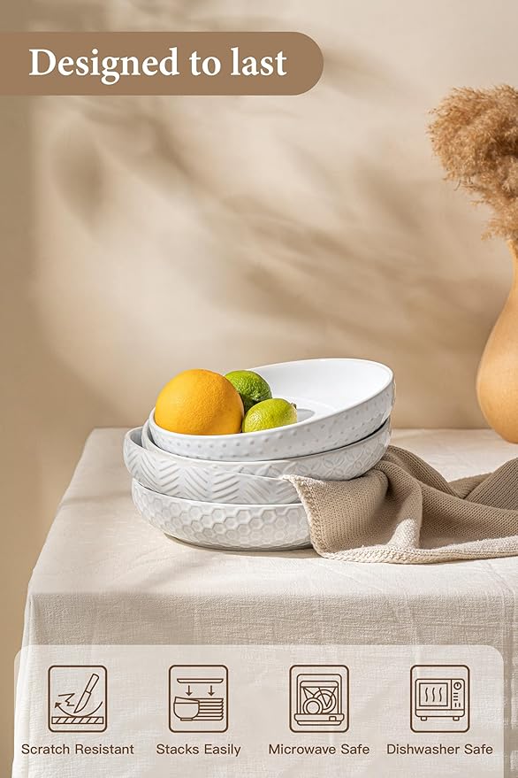 Embossed Ceramic Pasta Bowls Set of 4 – Medium 7.5-Inch, 26oz Serving Bowls for Pasta, Salad, Fruit – Stackable, Microwave & Dishwasher Safe – Great Gift for Housewarming or Everyday Use