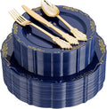 DaYammi 150Pcs Blue Plastic Plates Heavy Duty Navy Blue Disposable Plates with Gold Plastic Silverware include 30 Dinner Plate,30 Dessert Plate,90 Gold Silverware Set,blue plates for Party Dinner