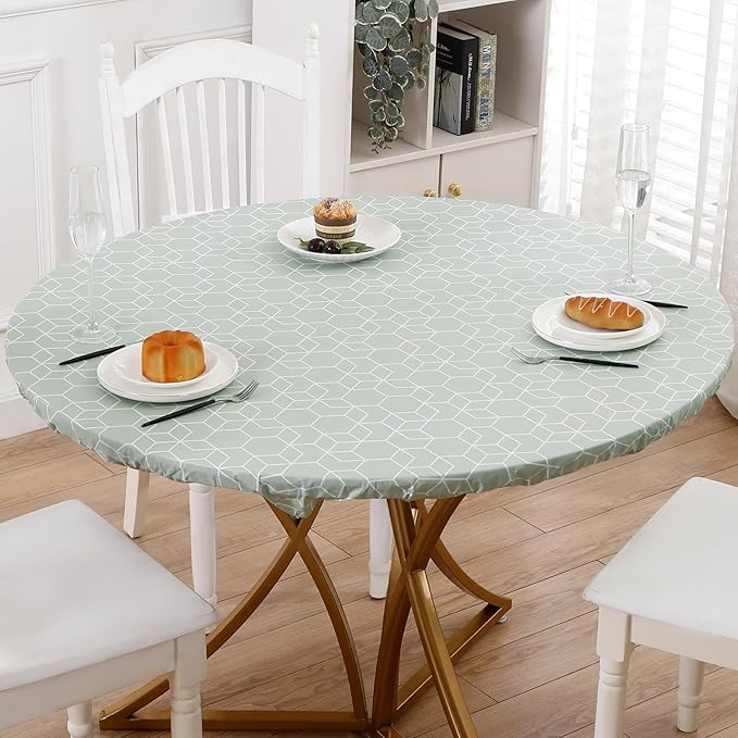 Walrus Round Vinyl Fitted Tablecloth with Flannel Backing Elastic Edge Design Table Cover Waterproof Oil-Proof PVC Table Cloth Stain-Resistant Best for 45"-56" Round