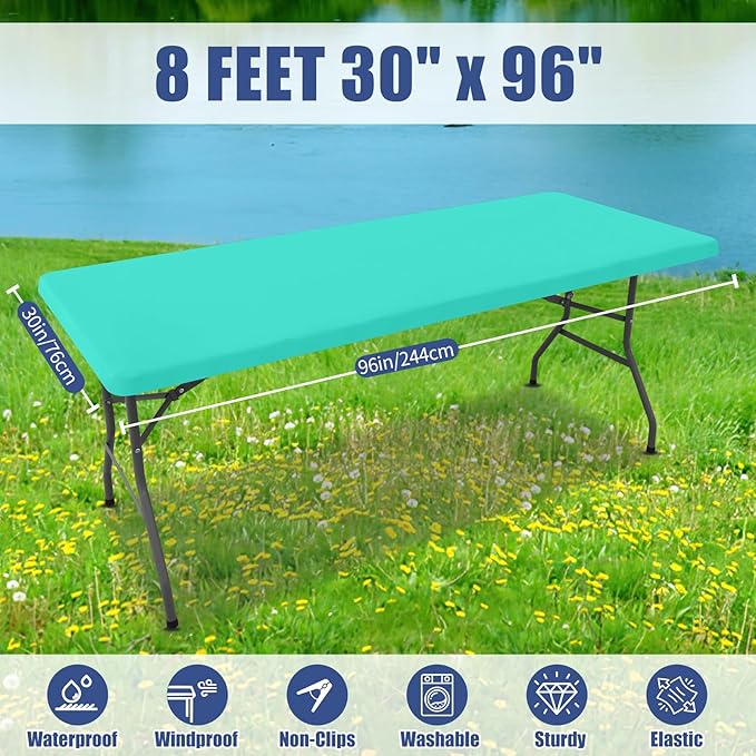 Spandex 8 Foot Rectangle Table Cloth 2 Pack, Elastic Fitted Tablecloths for Picnic, Stretch Washable Patio Table Cover for Outdoor, Camping, Banquet and Parties(Aqua Blue, 30"x96")