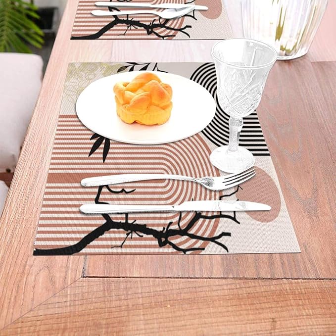 Abstract Mid Century Plant Placemats Boho Retro Tropical Palm Sun Arch Minimalist Modern Aesthetic Geometric Washable Place Mats 12x18Inch for Dining Kitchen Farmhouse Decor 4 PCS