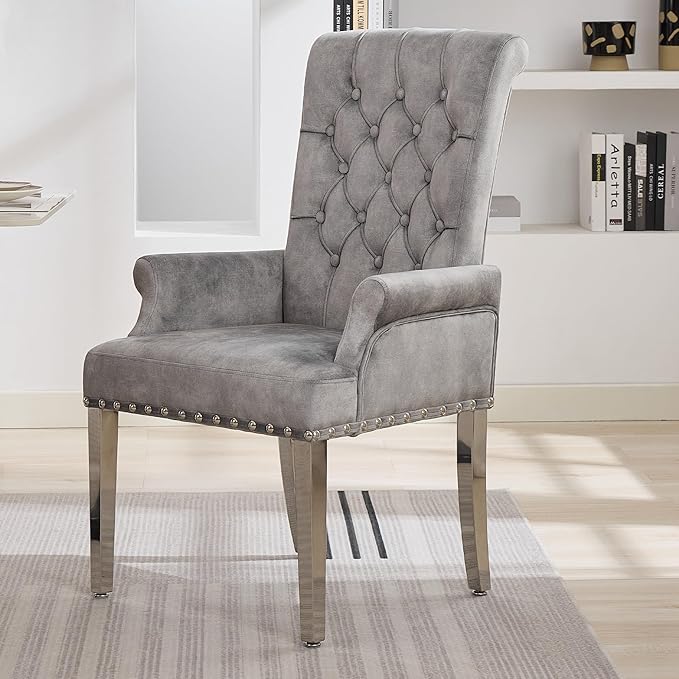 Velvet Dining Chair with Arms, Upholstered Tufted High Back Dining Room Chairs, Accent Armchair with Chrome Leg and Nailhead Trim, Kitchen Dining Living Room, Grey