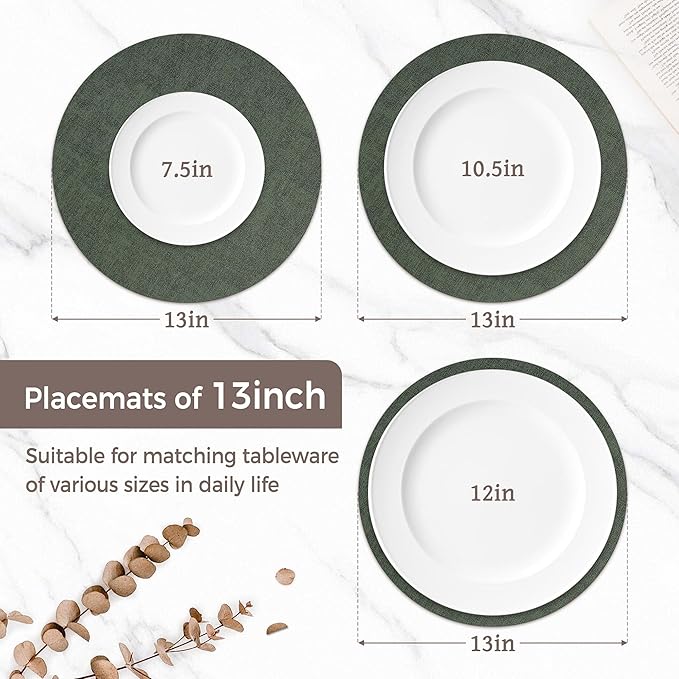 13" Round Placemats Set of 6, Reversible Faux Leather Heat Resistant Table Mats, Waterproof Oilproof Wipeable Table Protective Placemats for Vinyl, Washable for Indoor & Outdoor Use (6, Dark Green)