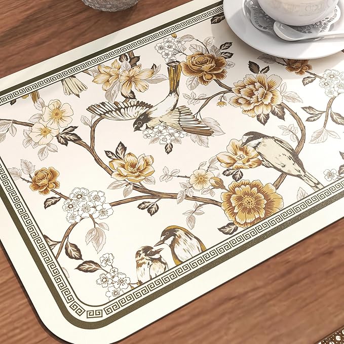 ISAENNE PVC Placemats Set of 6,Rectangular Flower and Bird Print Placemats, Waterproof and Heat-Resistant Place Mats,Decoration for Kitchen, Dining, Parties, Holiday,12"*17"