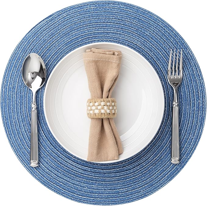 Round Placemats Set of 6 Woven Placemats Washable Braided Table Mats for Dining Table Heat Resistant Non-Slip Circle Place Mats(Mid Blue)