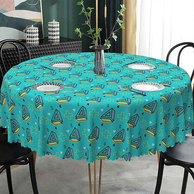 Laeacco 24 Inch Geometric Round Tablecloth Turquoise Triangle Pattern Modern Abstract Art Print Table Cloth Washable Waterproof Wrinkle Free Table Cover for Kitchen Dining Picnic Party Decoration