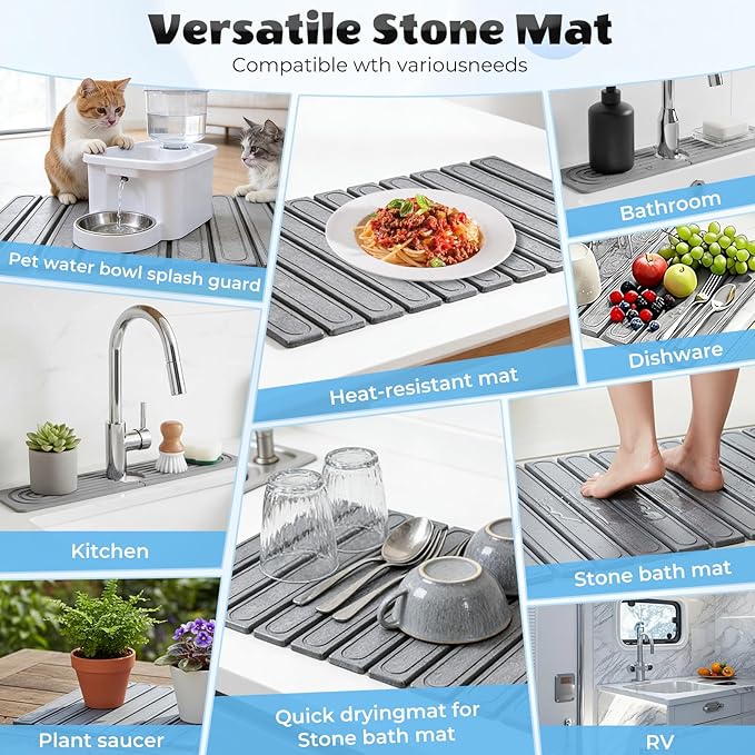 2 Pack Large Stone Dish Drying Mat for Kitchen Counter, Collapsible Quick Drying Dish Mats, Water Absorbing Diatomaceous Earth Drying Pad for Kitchen Countertop Bottles Utensils Cups Bathroom Sink