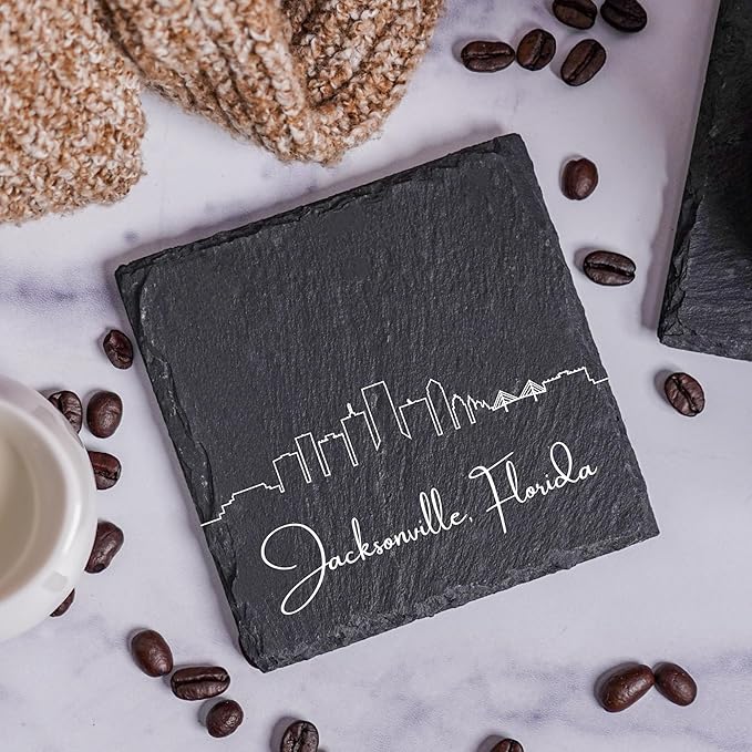 Blue Ridge Mountain Gifts - Jacksonville FL Skyline Coasters, Set of 4 - Jacksonville Florida Souvenir, Slate Coasters with Minimalist Skyline, Housewarming Gift for Friends, Family, & Neighbors