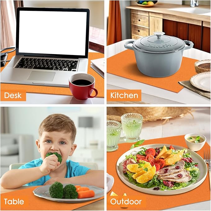 MANSPHIL Orange Placemats Set of 4 Washable Fabric Table Mats Thick Faux Linen Place Mats Heat Resistant Double Layer Wrinkle Free Dining Kitchen Table Decor - 13x19 Inch Oeko Tex Placemat