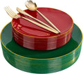 I00000 150Pcs Red and Green Plastic Plates with Gold Rim,Fancy Christmas Plastic Plates,Nice Christmas plates Set include 30 Dinner Plate,30 Dessert Plate, 90 plastic Silverware Set for christmas