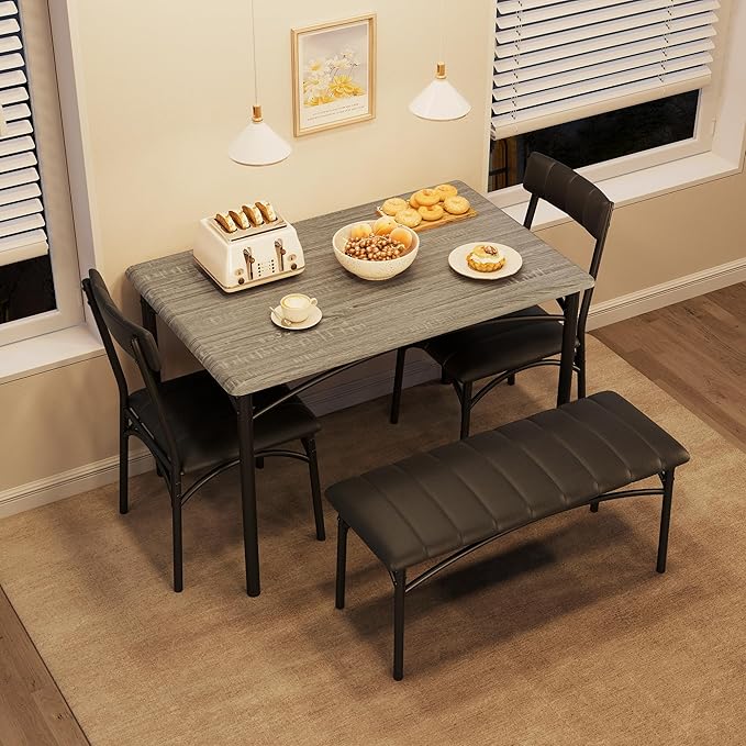 4-Piece Small Dining Table Set – Wood Table with 2 Upholstered Chairs & Bench, Space-Saving Retro Kitchen Dining Set for Small Apartment/Dining Room, Black
