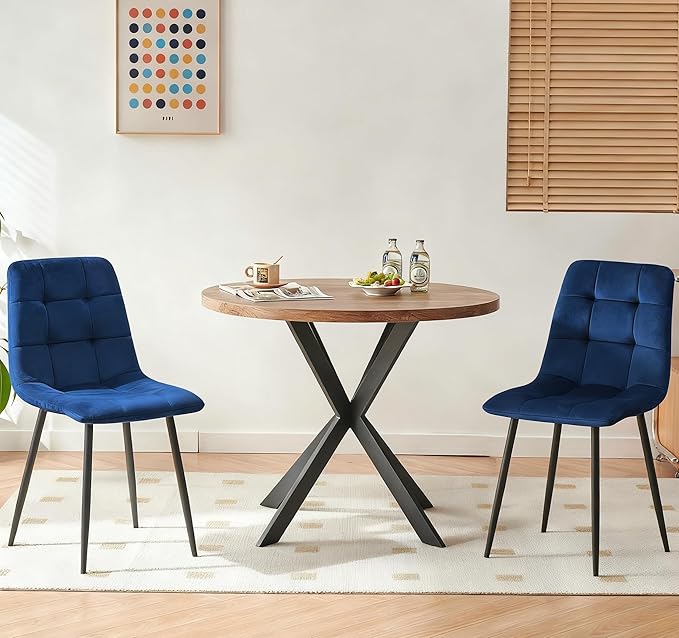 3 Piece Dining Table Set for Small Spaces - Round Kitchen Table Chairs Set of 2 with Blue Velvet Upholstered Chairs -Space Saving Dinette for Kitchen, Dining Room