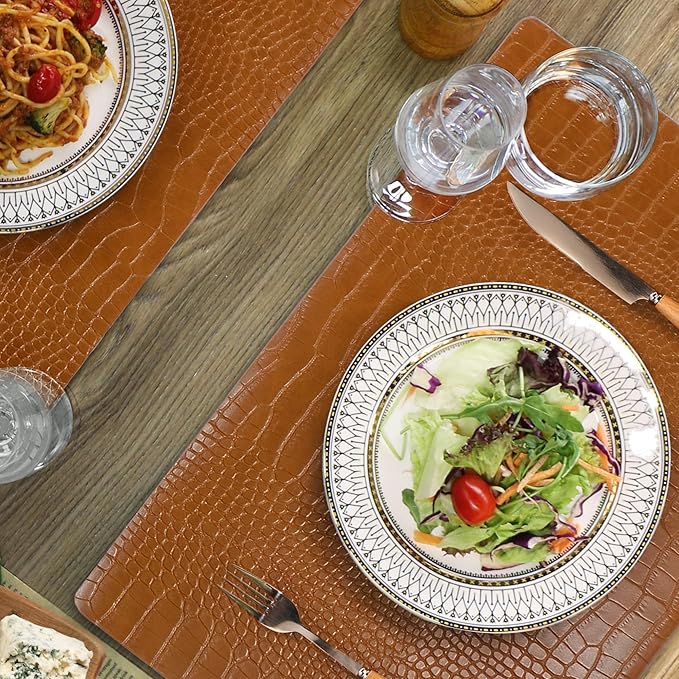 Jovono Faux Leather Placemats Set of 6, Waterproof Heat Resistant Dinner Place Mats for Dining Table, Non-Slip Crocodile Embossed, Brown (17.8x11.8 Inch)