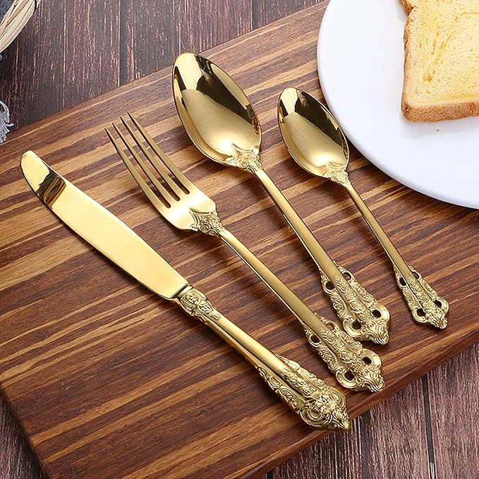 Gold Silverware Set 18/10 Stainless Steel Flatware Sets Palace Style 40 Piece Delicate Cutlery Set for 10 Durable Home Kitchen Wedding Tableware Utensil Include Knifes Teaspoons Forks and Spoons