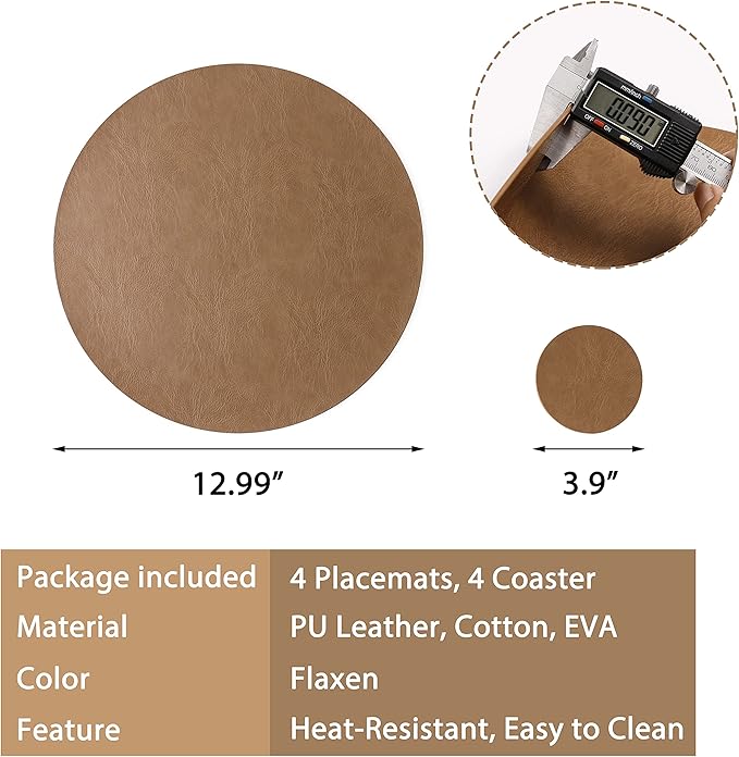 Set of 8 PU Leather Placemats, Waterproof Coffee Coasters, Kitchen Table Mats, Easy to Wipe Off for Dining Round Table