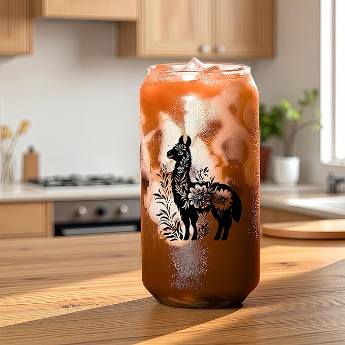 Cute Llama Glass Cup With Lids And Straws, Llama Gift For Women, Iced, Coffee, Smoothie, Cocktail, Beer, Whiskey, Soda, Matcha,16 Oz, Home Office Table Desk Decoration!