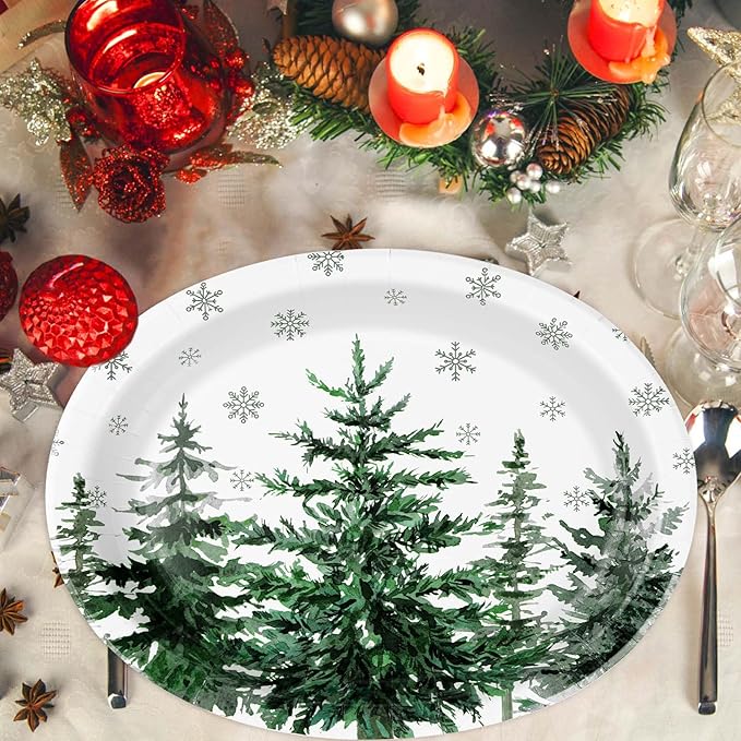 50Pcs Christmas Tree Oval Paper Plates 10" x 12" Large Heavy Duty Xmas Snowflake Disposable Plates Holiday Dessert Platters for Winter Wedding Birthday Dinner Party Decoration Kitchen Table Decor